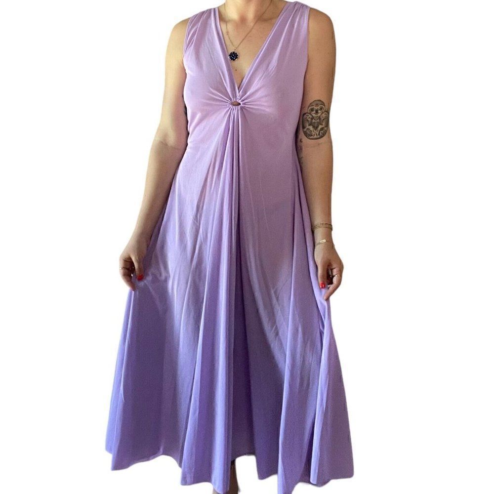 Vintage 1970s Womens Lavender V Neck Retro Disco Mid Mod Maxi Dress Sz M